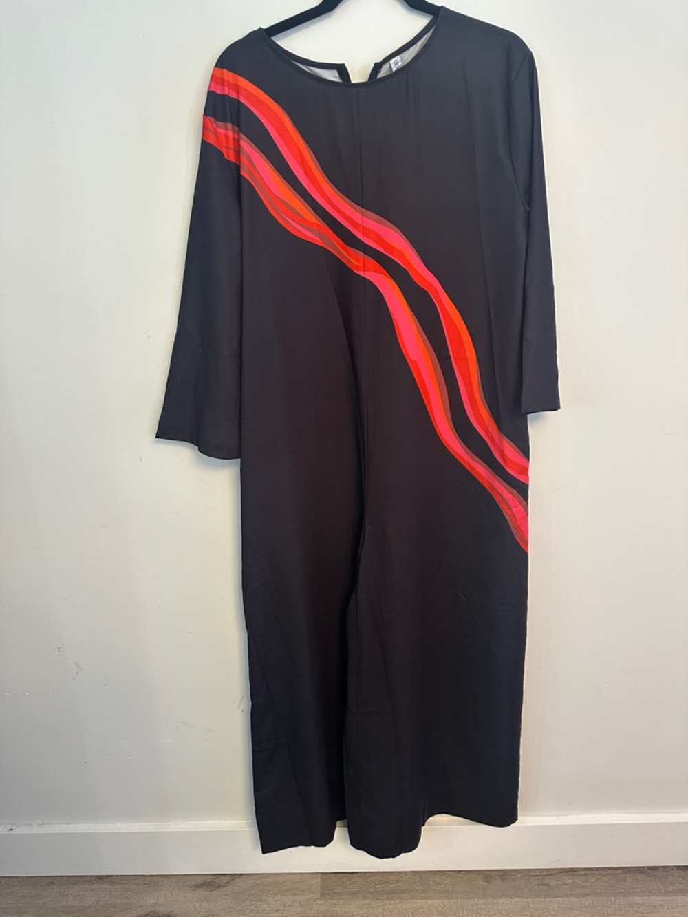 Black Jumpsuit with Curved Red & Pink Stripe Accent